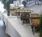 Brunch buffet from left, frittata, eggs benedict, sausage links and bacon