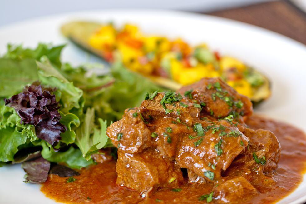 Braised beef with mango salsa