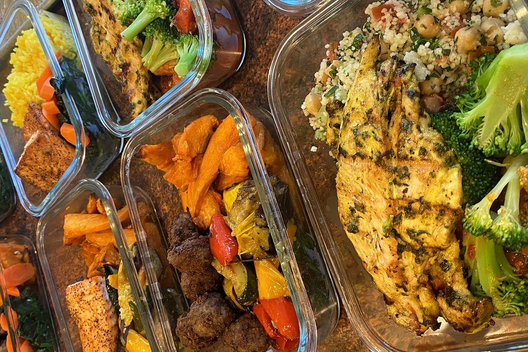 Prepared meals lined up on the counter