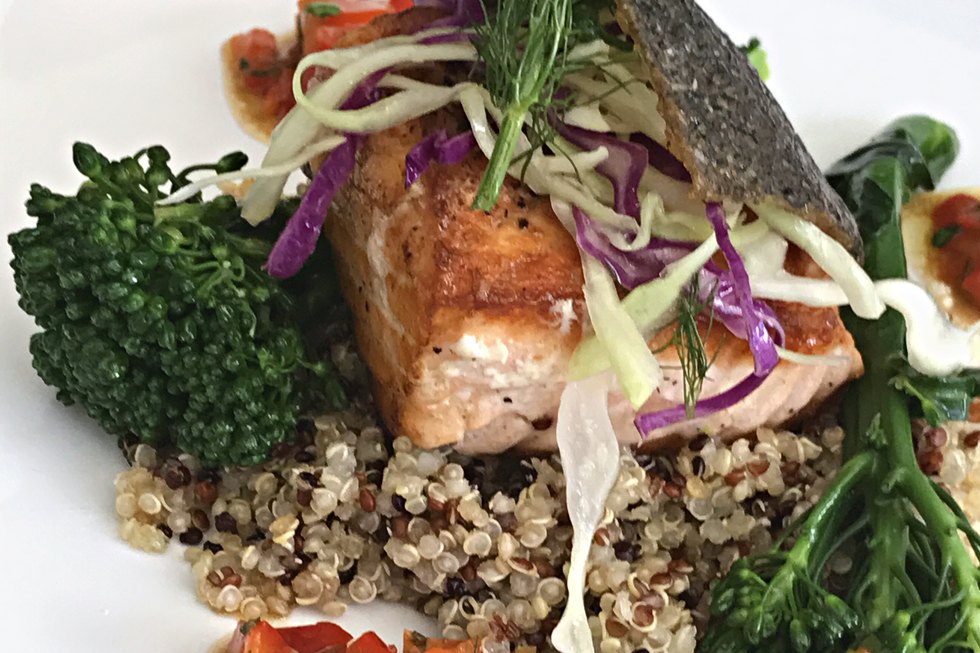 Crisp-skinned salmon on quinoa with broccolini